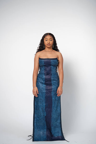 Indigo tie dye dress with rivets for side closures