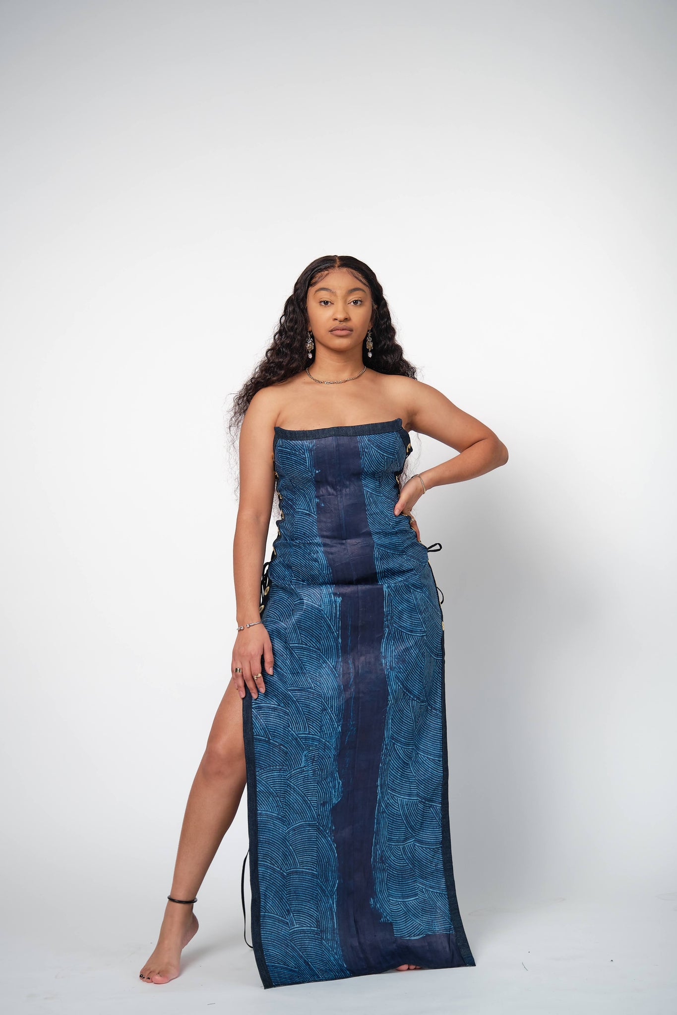 Indigo tie dye dress with rivets for side closures